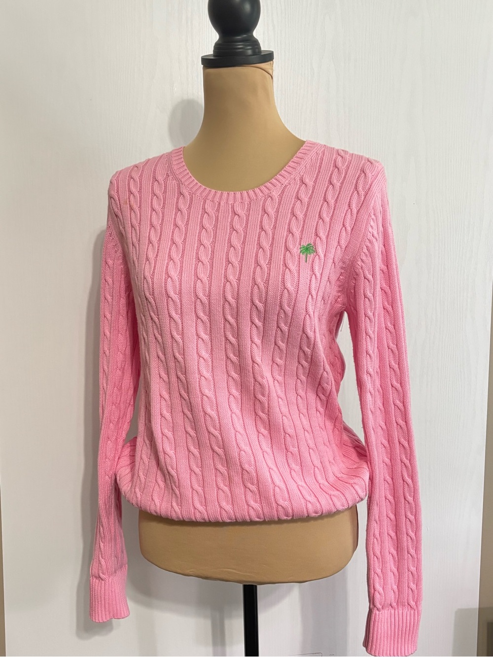Lilly Pulitzer Vintage Sweater Womens Large Pink Cable Knit Y2K Palm Tree Soft